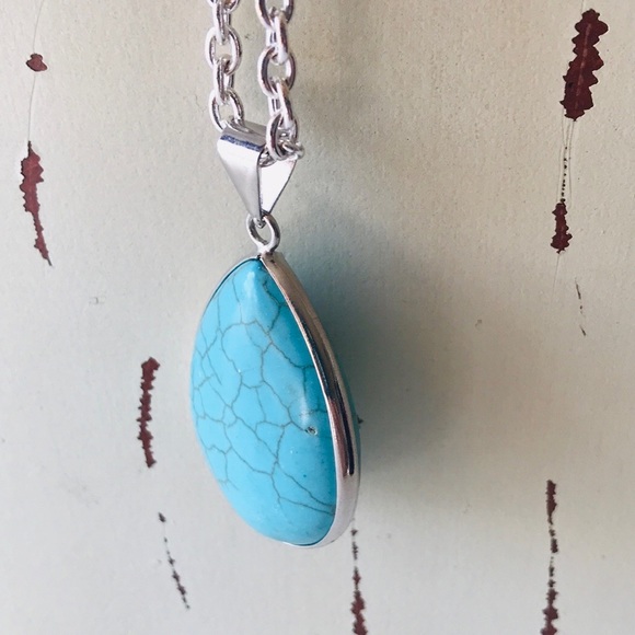 Teal & Slivertone Teardrop Pendant Necklace - Picture 4 of 8